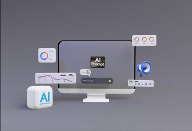 3 boyutlu bilgisayar Al Chatbot Web UIUX. - Evet. SOFTWARE programlama algoritmaları. analiz veri oluşturma illüstrasyonu