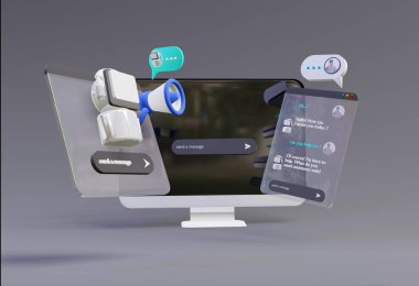  3D computer AI Robot Chatbot Web UI/UX. . SOFTWARE ai programming algorithms. 3D rendering illustration clipart