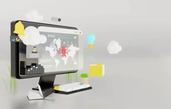  laptop masaüstü 3d illüstrasyon, veri analizi web sitesi seo, algoritma ai ui ux, programlama üretken zarif siyah arkaplan 