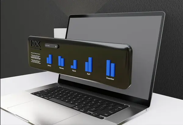 laptop masaüstü 3d illüstrasyon, veri analizi web sitesi seo, algoritma ai ui ux, programlama üretken zarif siyah arkaplan