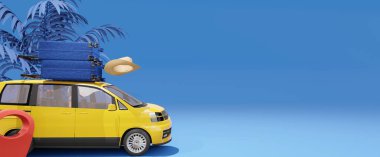 Plajda cep telefonlarıyla yaz tatilinin 3 boyutlu animasyonu. Sandalyeler, bavullar ve güzel beyaz kum arka planlı bir arap haritası var.