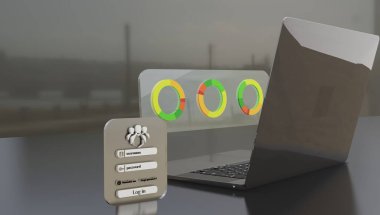 Açık siyah arkaplan temalı bir dizüstü bilgisayarın tasviri çevrimiçi veya alışveriş temalı, dolar, kullanıcı, çanta, 3D vektör sepetleri canlandırmalı canlandırma