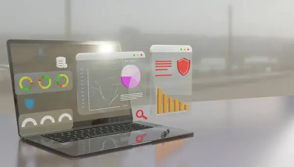 dizüstü bilgisayar 3d illüstrasyon, web veri analizi seo ai gösterge paneli progamlama metrik kullanıcı adı