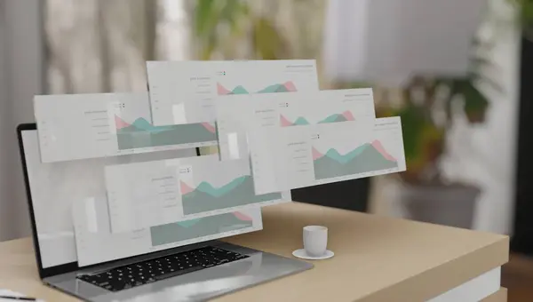  dizüstü bilgisayar 3d illüstrasyon, web veri analizi seo ai gösterge paneli progamlama metrik kullanıcı adı