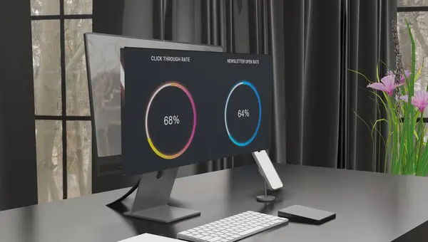 释放数据透视 具有动态屏幕显示的计算机演示数据分析软件应用的三维渲染动画 — 图库照片