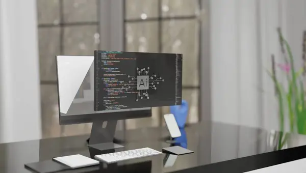 释放数据透视 具有动态屏幕显示的计算机演示数据分析软件应用的三维渲染动画 — 图库照片
