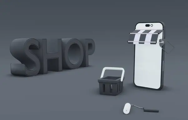 网上购物图解 用移动主题和图标 礼品盒等 用美丽美丽的3D动画 — 图库照片