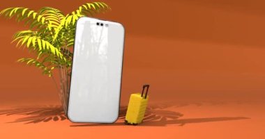 Plajda cep telefonlu bir yaz tatilinin 3 boyutlu animasyon videosu. Sandalyeler, bavullar ve güzel turuncu arka planlı haritalar var.
