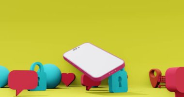 Hareket eden ve güzel ve güzel renklerle dolu 3B nesne simgelerini çevreleyen mobil beyaz ekran 3D video illüstrasyonu