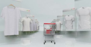 Hareket eden ve bazı düz tişörtleri gösteren bir tramvay temalı 3D video illüstrasyonu