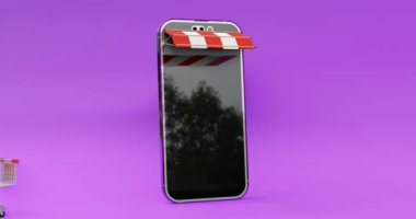MOBILE kutu paketini çıkardı ve 3D video illüstrasyon ve beyaz kırmızı arkaplan ile paket teslim vagonuna koydu
