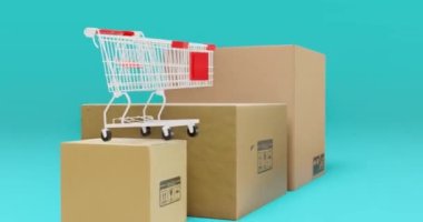MOBILE kutu paketini çıkardı ve 3D video illüstrasyon ve beyaz kırmızı arkaplan ile paket teslim vagonuna koydu