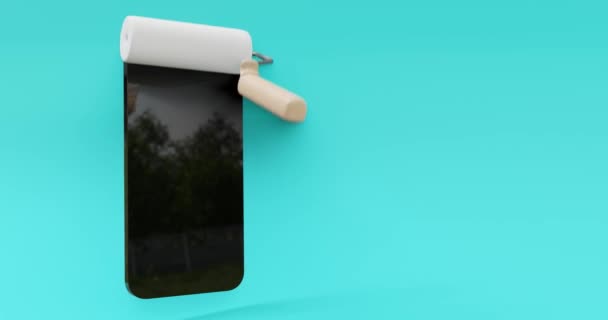 漆刷在浅绿色的背景下描绘了一个黑色的手机屏幕 — 图库视频影像