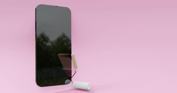 Der Pinsel Zeigt Einen Schwarzen Telefonbildschirm Vor Hellgrünem Hintergrund — Stockvideo