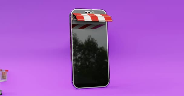 Mobileは箱のパッケージを取り出し 3Dビデオイラストと白い赤い背景を持つパッケージ配達車に入れました — ストック動画