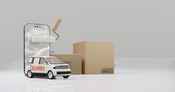 Mobile Wyjął Pudełko Włożył Samochodu Dostawczego Ilustracją Wideo Białym Czerwonym — Wideo stockowe