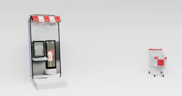 一个带有手推车的服装店移动电话的示例 其白色背景上有一个包装盒 — 图库视频影像
