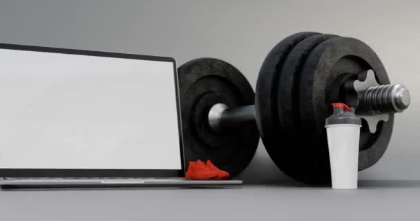 白色屏幕笔记本电脑 装有大杠铃 还有一个水瓶和一双红鞋子 背景是黑色的 上面有3D视频插图 — 图库视频影像