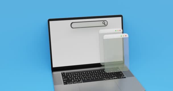 白色屏幕笔记本电脑 屏幕弹出 蓝色背景搜索符号 — 图库视频影像