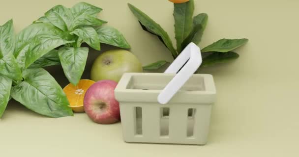 健康饮食计划 装满新鲜营养水果的篮子 3D视频演示 — 图库视频影像