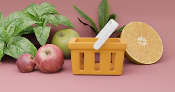 健康的な食事プログラム 新鮮で栄養価の高いフルーツで満たされたバスケット 3Dビデオイラスト — ストック動画
