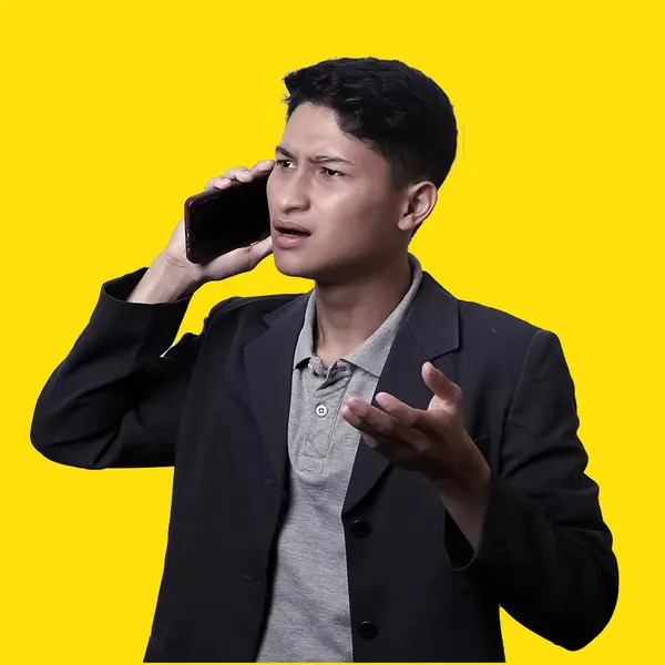 Joven Asiático Guapo Hombre Negocios Sostienen Teléfono Móvil Sus Manos — Foto de Stock
