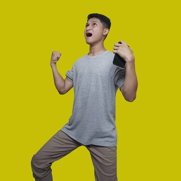 Joven Asiático Hombre Está Expresando Feliz Hasta Que Sus Manos — Foto de Stock