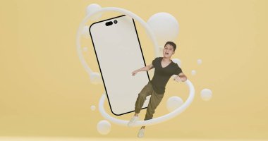 Bir sürü balon geçen beyaz ekranlı mutlu bir adam. Sosyal Medya Ürün Reklamcılığı