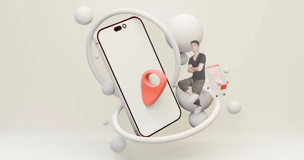 A man is happy to sit on a balloon With white screen mobile illustrations, trolleys and map direction symbols with lots of balloons crossing. Social Media Product Advertising