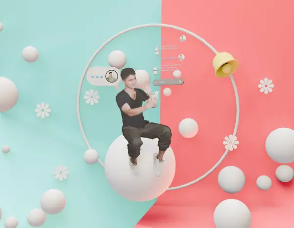 A handsome young man is sitting on a balloon flying while video calling the same mobile phone, using a chat bot illustration of balloons flying pink and blue backgrounds