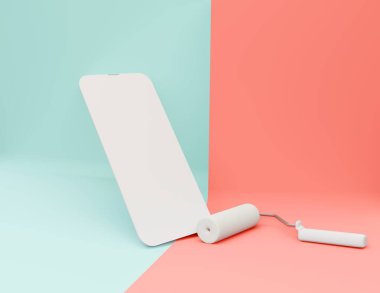 Beyaz taşınabilir screan pembe ve açık mavi arkaplanlı 3 boyutlu boya fırçası çizimi