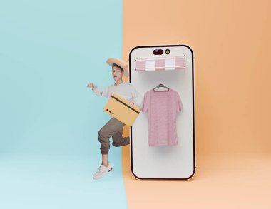 3D resimli yakışıklı Asyalı genç beyaz ekran bir cep telefonu taşıyor ve elinde 3D bir banka kartı tutarken, çevrimiçi mağaza arka planının teması güzel ve güzel kol ile dolu