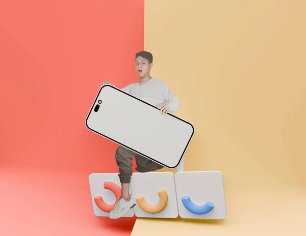 Handsome Asian youth with 3D illustration carrying a white screen mobile phone with 3D animated graphics, online store theme background full of beautiful and beautiful colors