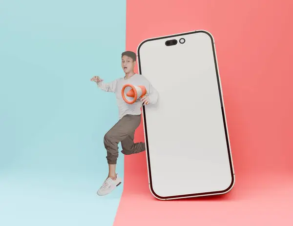 Handsome Asian youth with 3D illustration carrying loudspeaker beside white screen mobile phone ,online store theme background full of beautiful and beautiful colors