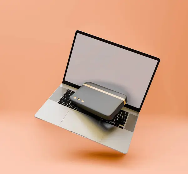 Banka kartıyla büyük bir ekranı çekerken yüzen bir dizüstü bilgisayar tasviri. Çevrimiçi işlemler. İnternet üzerinden para tasarrufu. Turuncu arkaplan