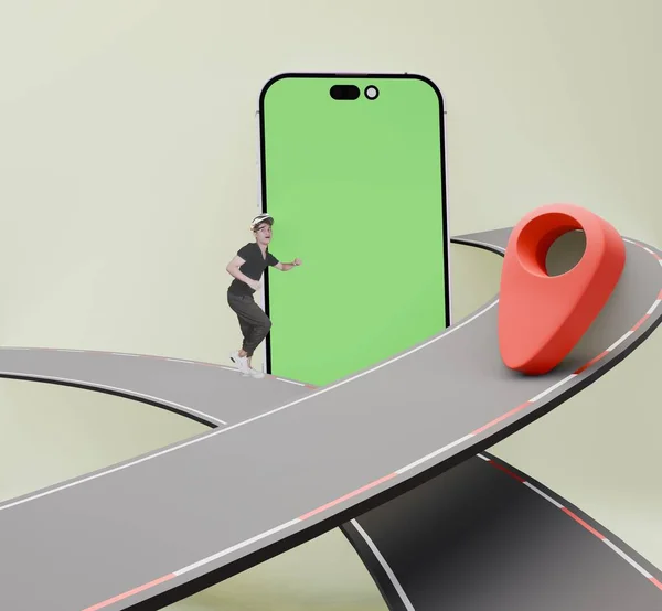 Yol kenarındaki insanlar ve transparan ekranlı cep telefonu ile üç boyutlu illüstrasyon