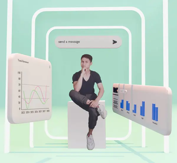 Analiz verilerini, sayıları gösteren bir ekranda oturan bir adamla görüntüle 