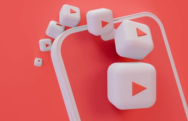 Kırmızı ekranda kırmızı küpleri olan beyaz bilgisayar faresi. 3d illüstrasyon