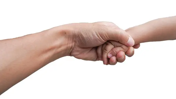 Beyaz arka planda bir çocuk ve bir adamın elleri