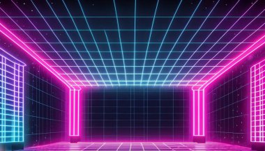 Üç boyutlu soyut arkaplan ve neon ışıkları. Neon tüneli. Uzay inşaatı. neon tüneli.