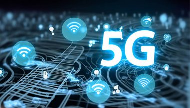Mavi arkaplandaki şeylerin 5G ağı ve İnternet konsepti 3B oluşturma