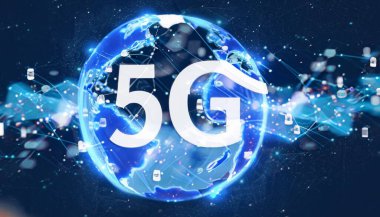 Mavi arkaplan üzerinde 5G ağ hologramı 3D renkli görüntü çift pozlama