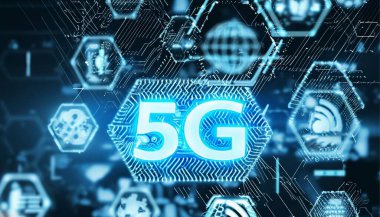 Mavi arka planda 5G ağ konsepti. 3d rengarenk resim çift pozlama