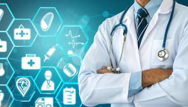 Tıbbi sağlık kavramı - doktor hastane ilaç, tıbbi bakım insanlar, acil servis ağı, hastanın sağlık doktor veri dijital tıbbi simgeleri grafik afiş gösteren sembolü ile.