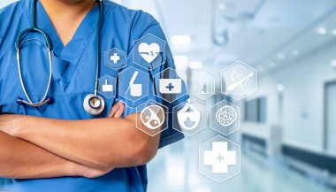 Tıbbi sağlık kavramı - doktor hastane ilaç, tıbbi bakım insanlar, acil servis ağı, hastanın sağlık doktor veri dijital tıbbi simgeleri grafik afiş gösteren sembolü ile.