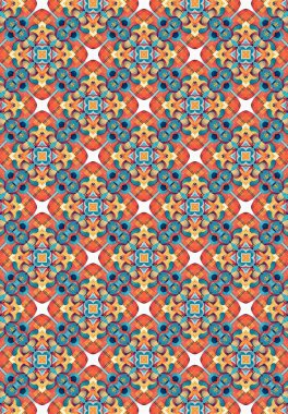 Tekrarlayan bir şablonun dijital görüntüsü. Desen çapraz bir şekilde tekrarlanır. Görüntünün genel havası parlak ve neşeli..