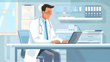 Ofisteki doktor. Çizgi film tarzında vektör illüstrasyonu. Doktor dizüstü bilgisayarla masada oturuyor..
