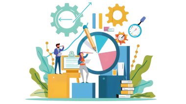 Ofiste çalışan iş adamları. Düz vektör çizimi. Takım çalışması konsepti.