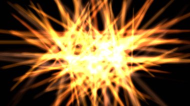 Dinamik ve soyut bir görüntü, siyah bir arkaplana karşı parlak turuncu ve sarı bir ışık patlaması tasvir eder.