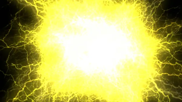 Canlı, dinamik bir görüntü, ortaya çıkan parlak sarı enerjili merkezi bir patlama sergiliyor.